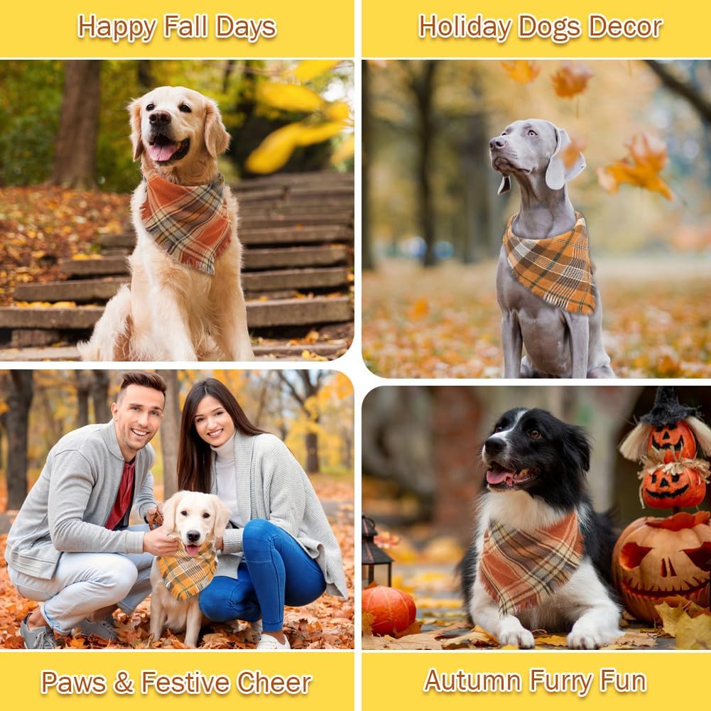 Vivifying Fall Dog Bandana, 2 Pack Plaid Dog Scarf with Tassels Edges, L