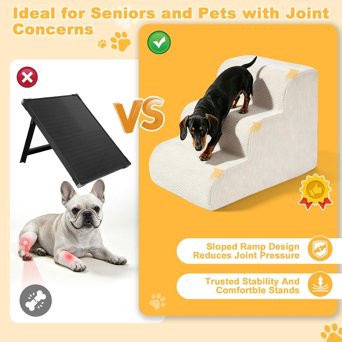 Dog Stairs for Small Dogs, 3-Steps Pet Ramp for Couch Bed, 15" H