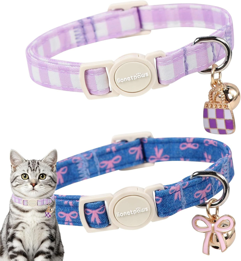 LIONET PAWS 2 Pack Breakaway Cat Collars, Cute Soft Cotton Purple White Plaid & Blue Bow Kitten Collars with Bell for Boy Girl Cats