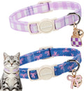 LIONET PAWS 2 Pack Breakaway Cat Collars, Cute Soft Cotton Purple White Plaid & Blue Bow Kitten Collars with Bell for Boy Girl Cats