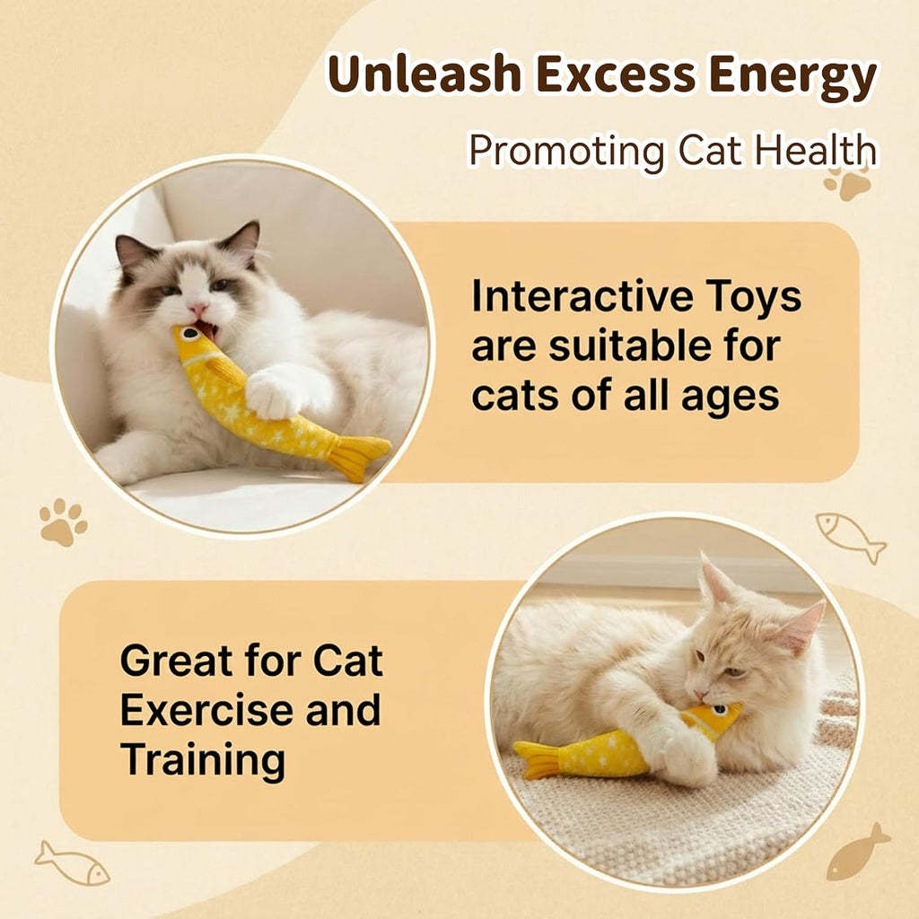 Cat Toys for Indoor Cats, Fish-Shaped Pillow, 2 Pack Yellow + Purple | 5000mg A+Natural Catnip & Bell, Interactive Soft Chew Kicker, For Indoor Cats & Kittens, Crinkle & Bell Fish Sound Toy