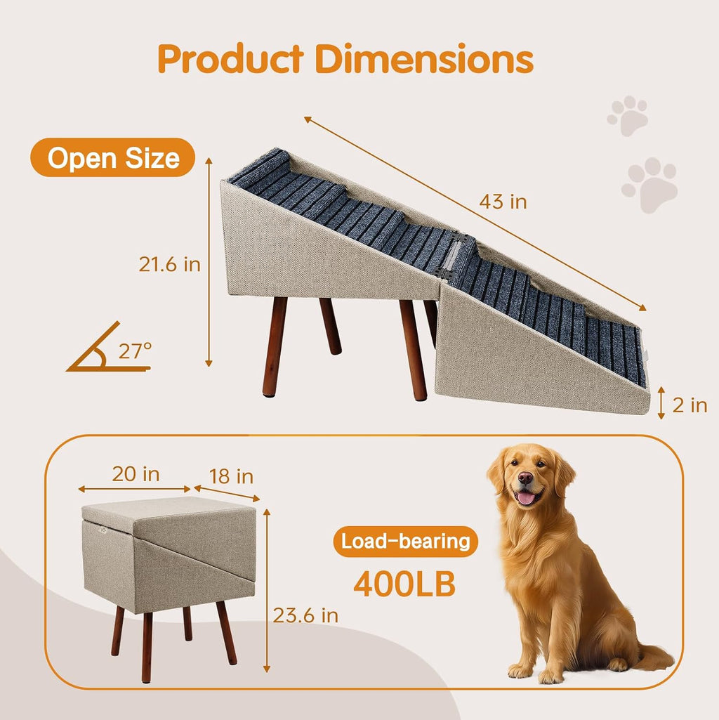 Wood Foldable Ottoman Dog Stairs, for High Beds & Large Dogs