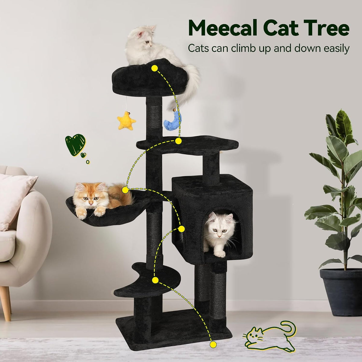 Meecal Gothic Black Cat Tree for Indoor Kittens & Small Cats Under 6 Months 9lbs, 43-Inch Cute Cat Tower with Scratching Post, Cat Condos, Cozy Hammock, Unique Perch & Dangling Toy
