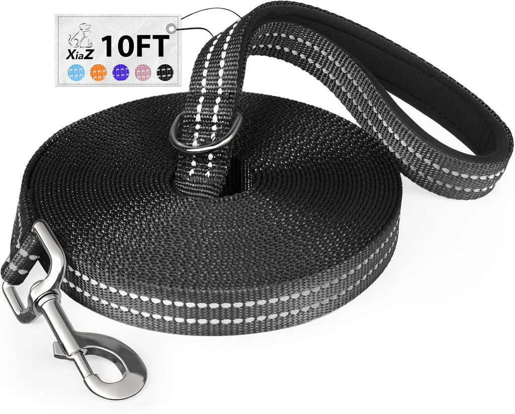 Long Dog Leash XiaZ Training Leashes 10/15/20/30/50/100ft Long Lead for Dogs 10ft Training Leash for Outside Black 10 Foot Nylon Padded Handle Reflective Hiking Yard
