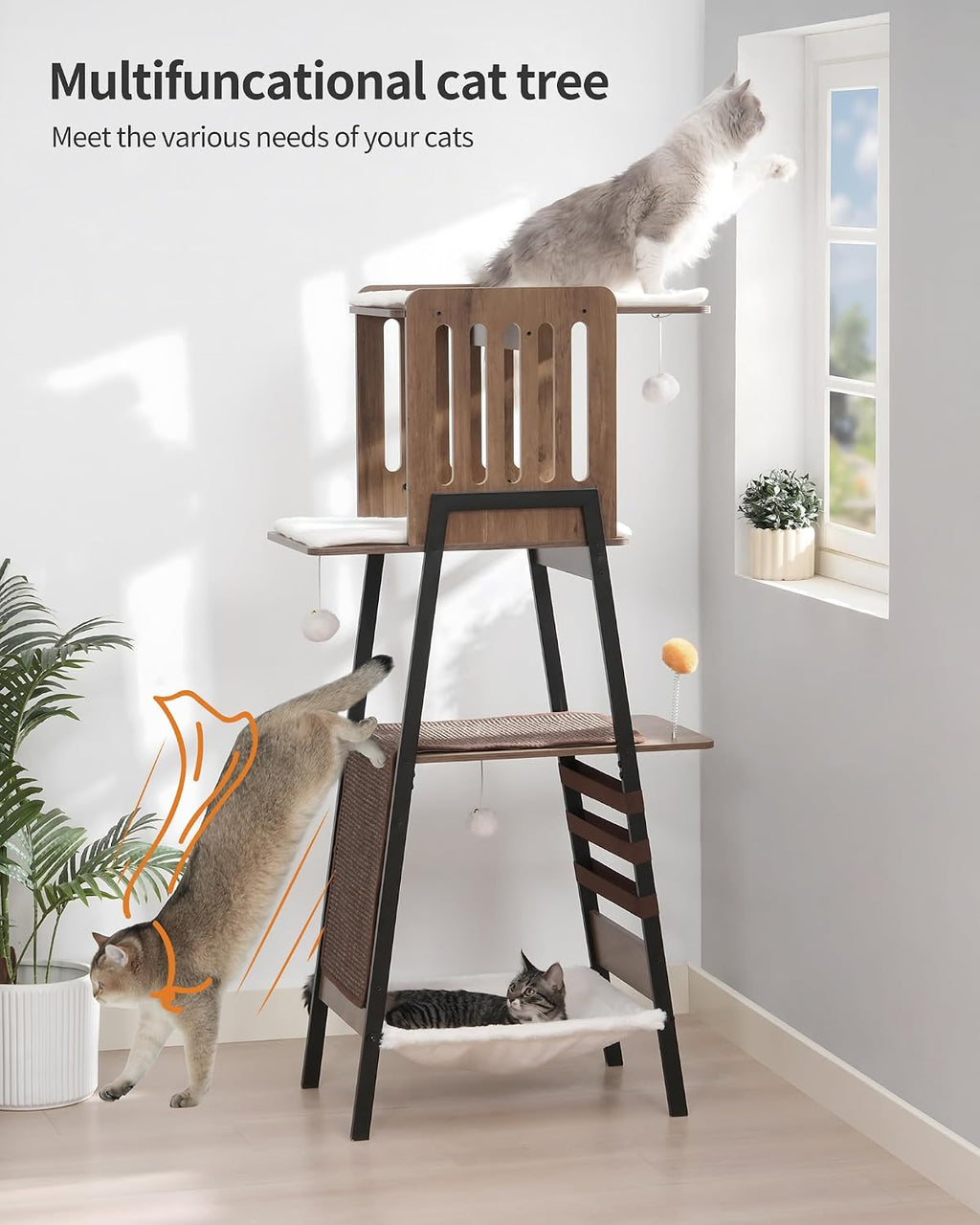 FourFurPets Modern Cat Tree, 58-Inch Cat Tower for Large Cats, Big Hammock