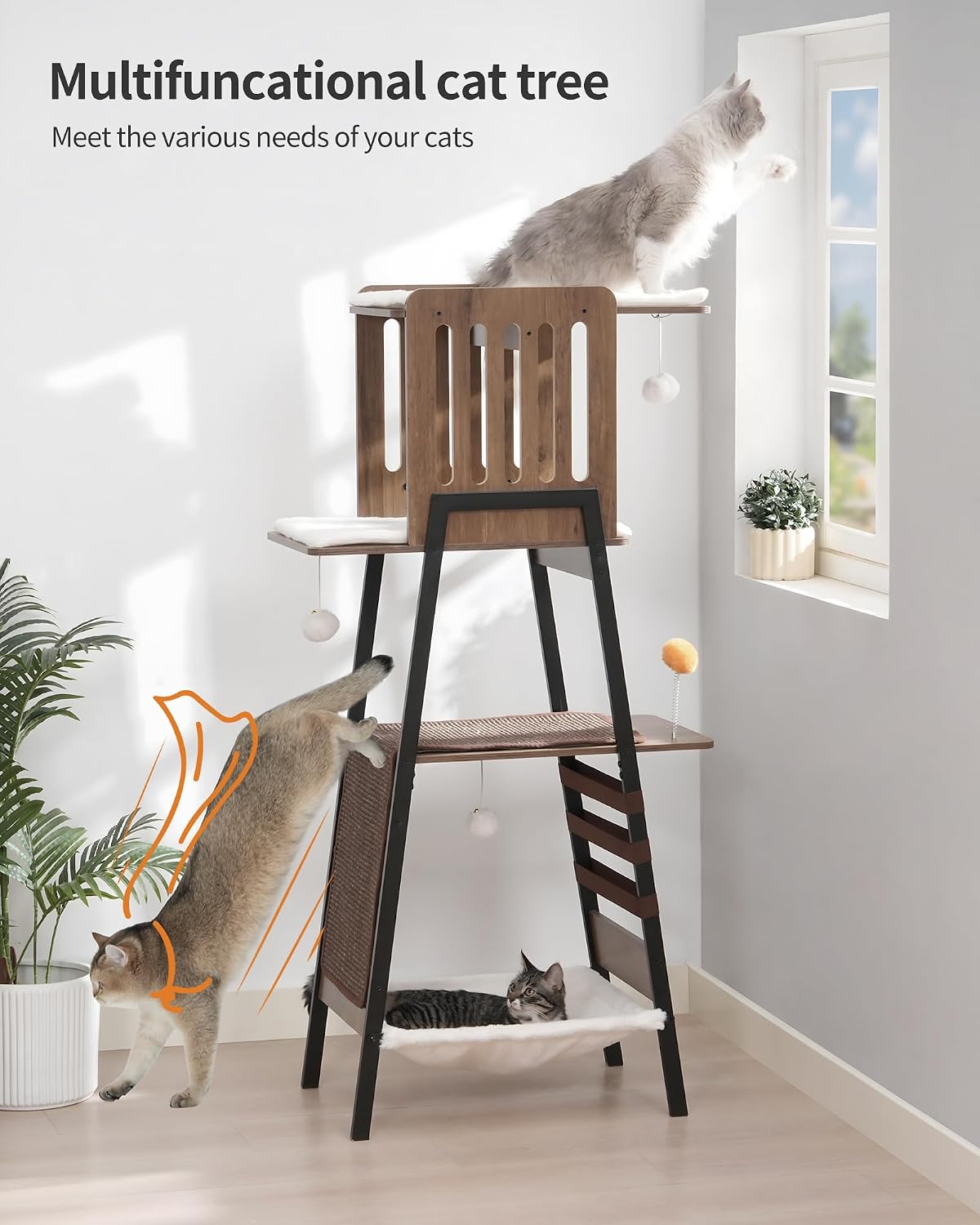 FourFurPets Modern Cat Tree, 58-Inch Cat Tower for Large Cats, Big Hammock
