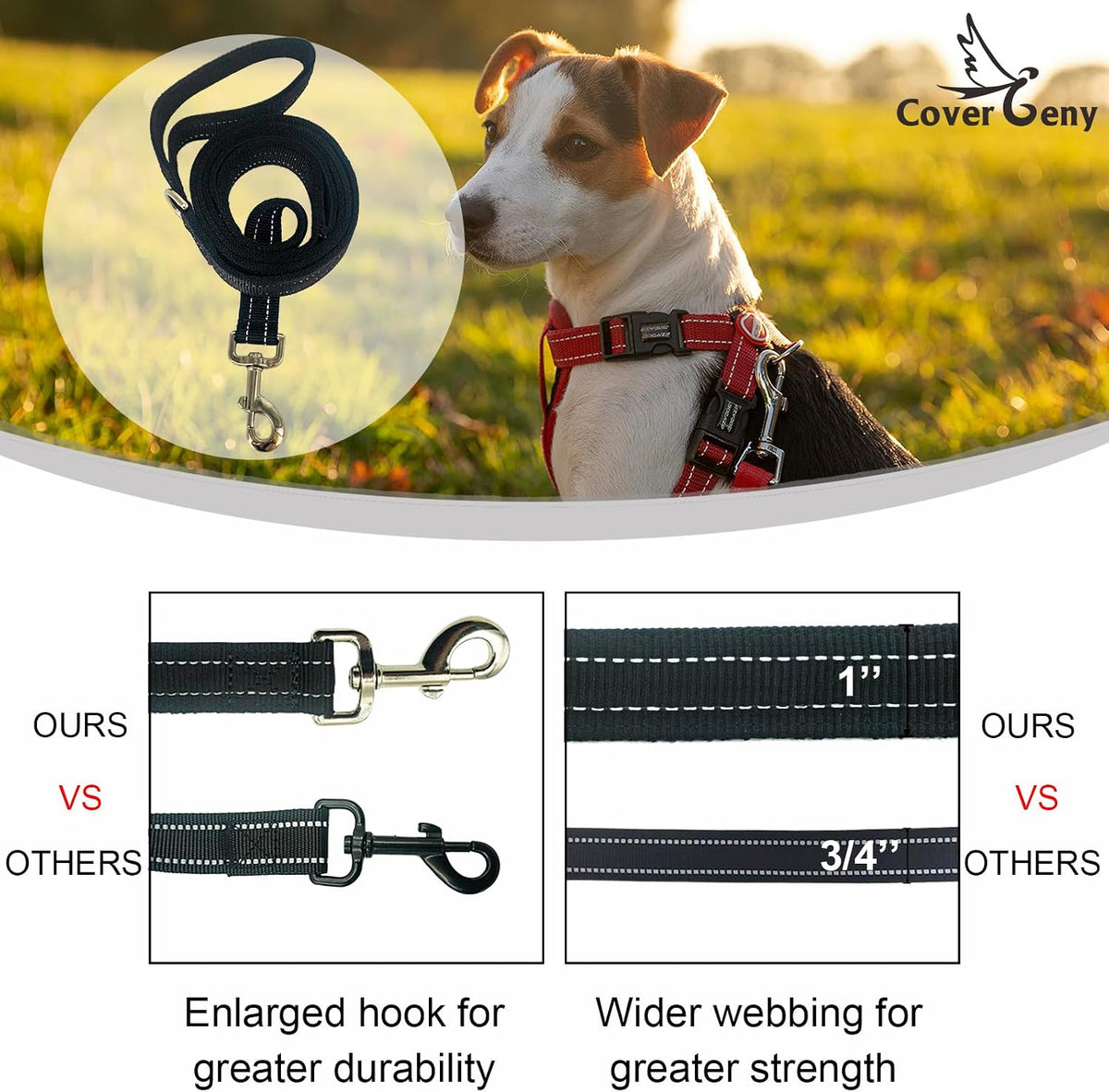 Dual Padded Handle Walking And Training Standard Leashes For Big Large Dogs With Reflective Stitching,360° Rotatable Heavy Duty Metal Buckle,D-Ring,Durable Nylon,6Ft Long For Over 70 Pounds