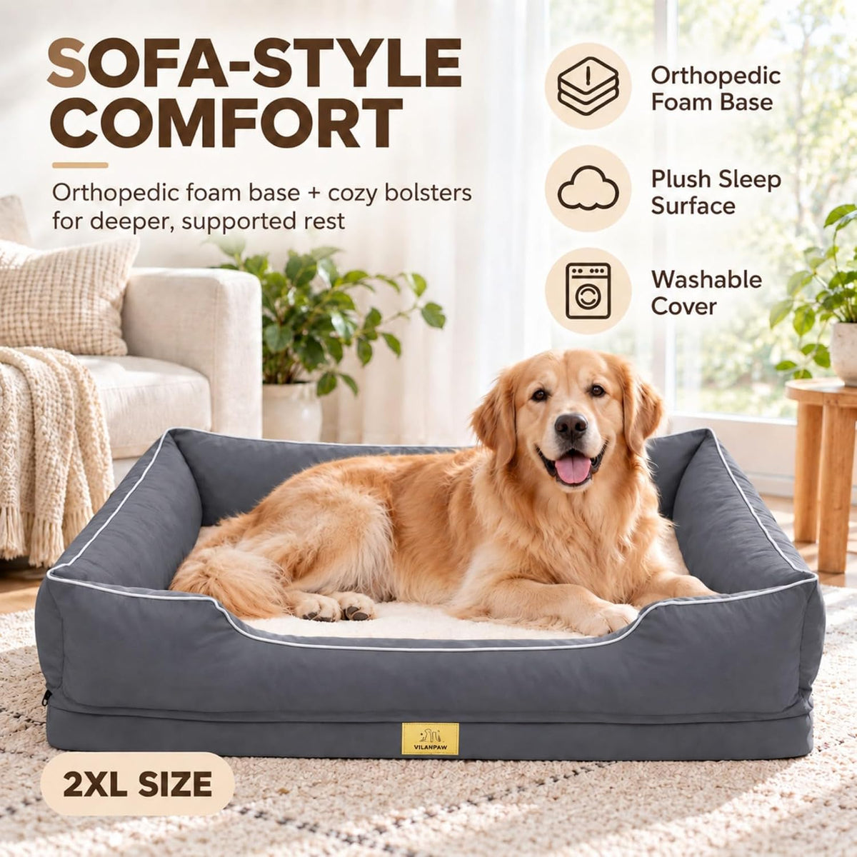 XXL Bolster Dog Bed: Washable Sofa Pet-Bed with Removable Cover