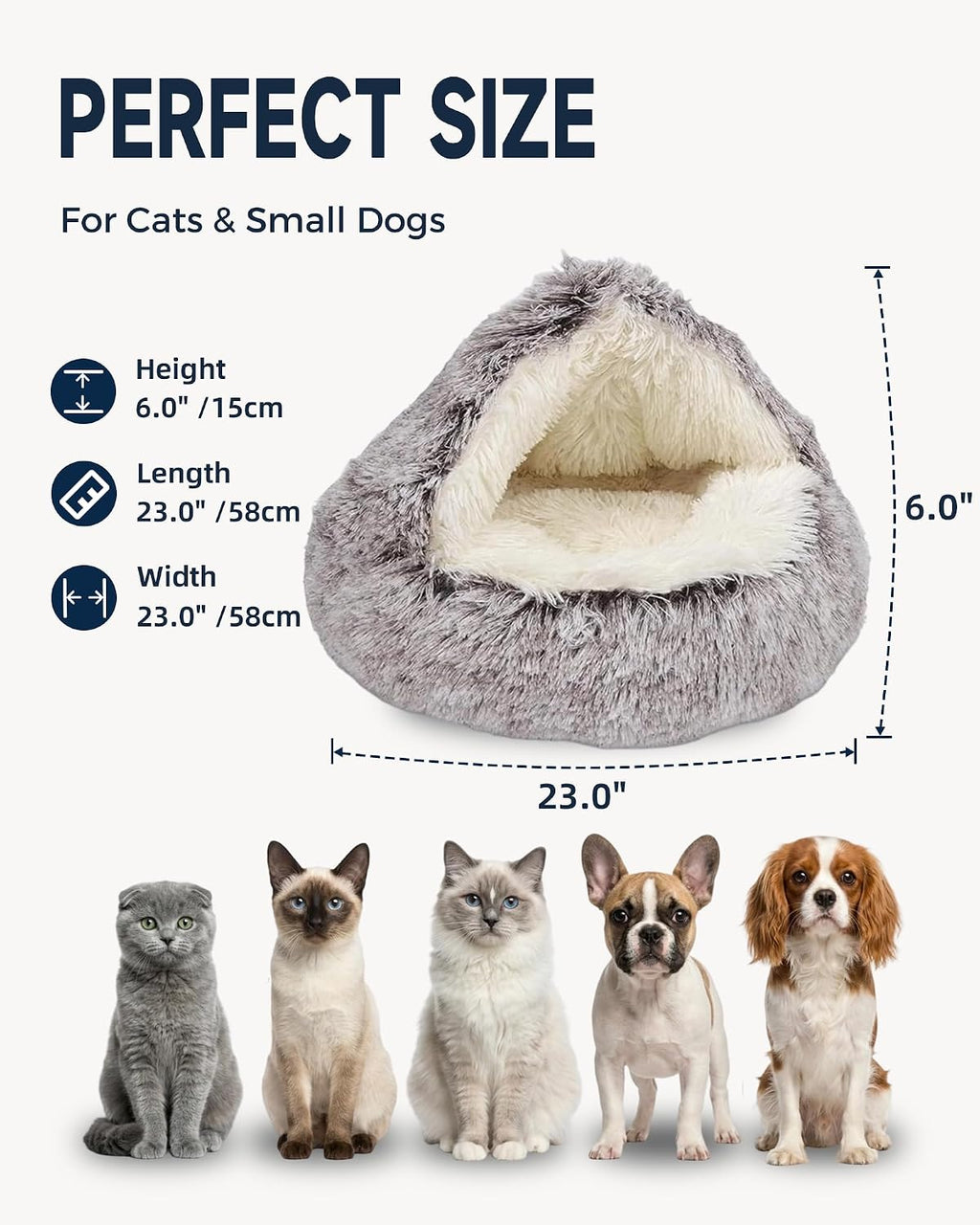 ShinHye Cat Bed Round Plush Fluffy Hooded Cat Bed Cave, Cozy for Indoor Cats or Small Dog beds, Soothing Pet Beds Doughnut Calm Anti-nxiety Dog Bed - Waterproof Bottom Washable, (23×23inch, Coffee)