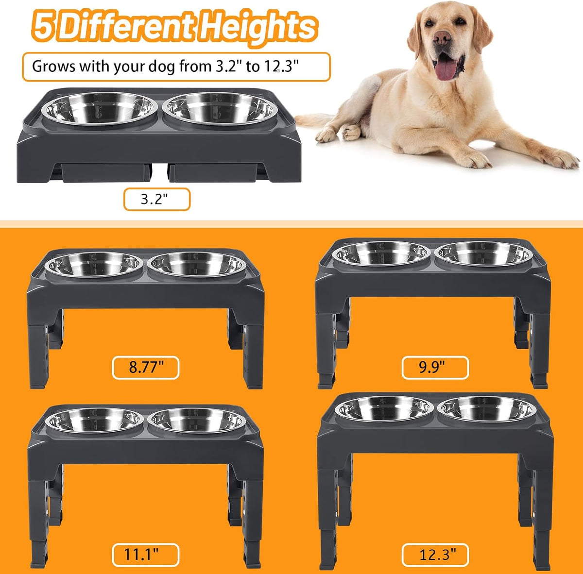 Hubulk Elevated Dog Bowls with 2 Stainless Steel Food & Water Raised Bowls with No Spill Edge Non-Slip Stand Adjusts to 5 Heights(3.2", 8.77", 9.9",11.1", 12.3")for Small Medium Large Dog and Pet Grey