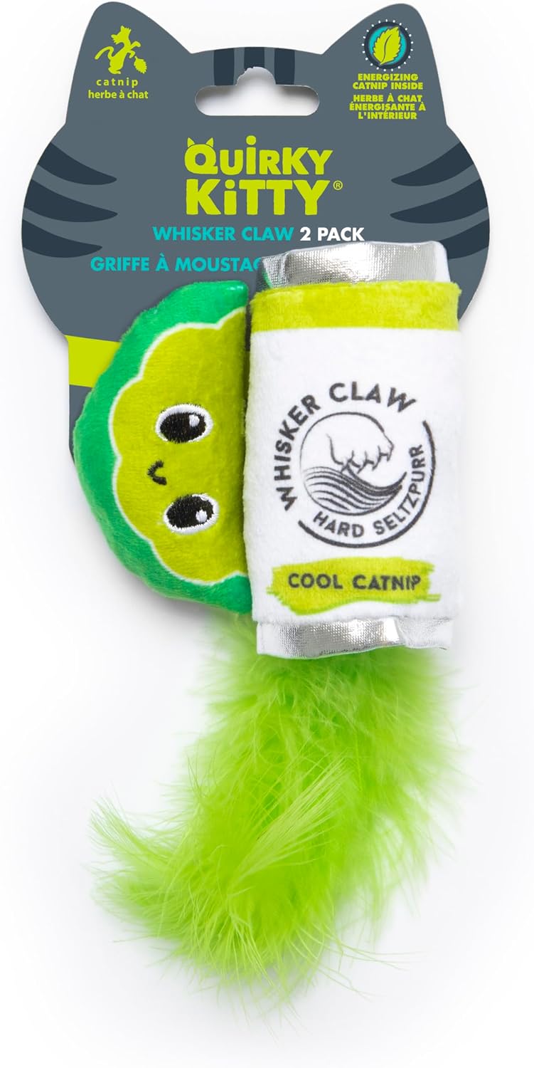 Quirky Kitty Whisker Claw and Lime Catnip Crinkle Plush Cat Toy, Pack of 2