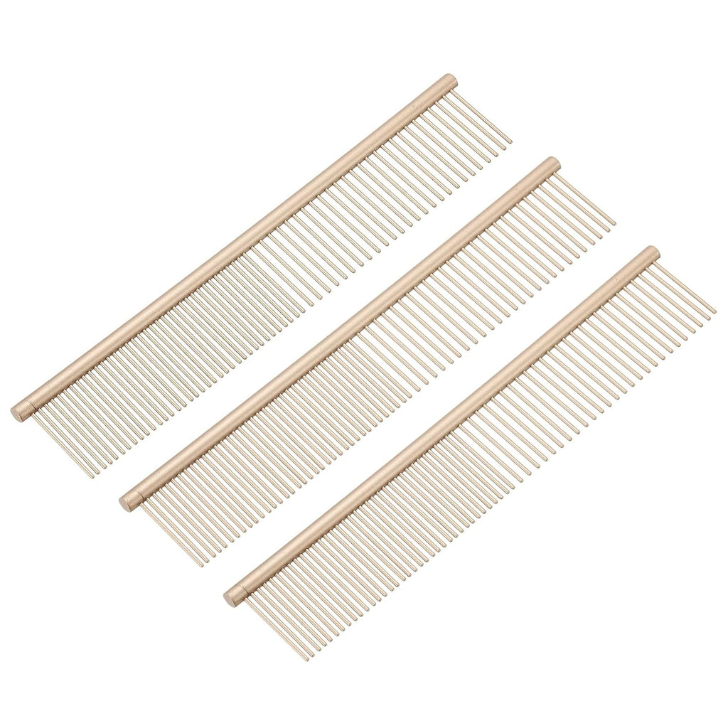 Dog Cat Comb, Pet Combs Stainless Steel Teeth with Rounded Ends for Knots Mats Loose Hair Removal, 7.5IN (Gold Coated, 3 Pack), Grooming Tool Intended for Long Curly Hair Pet