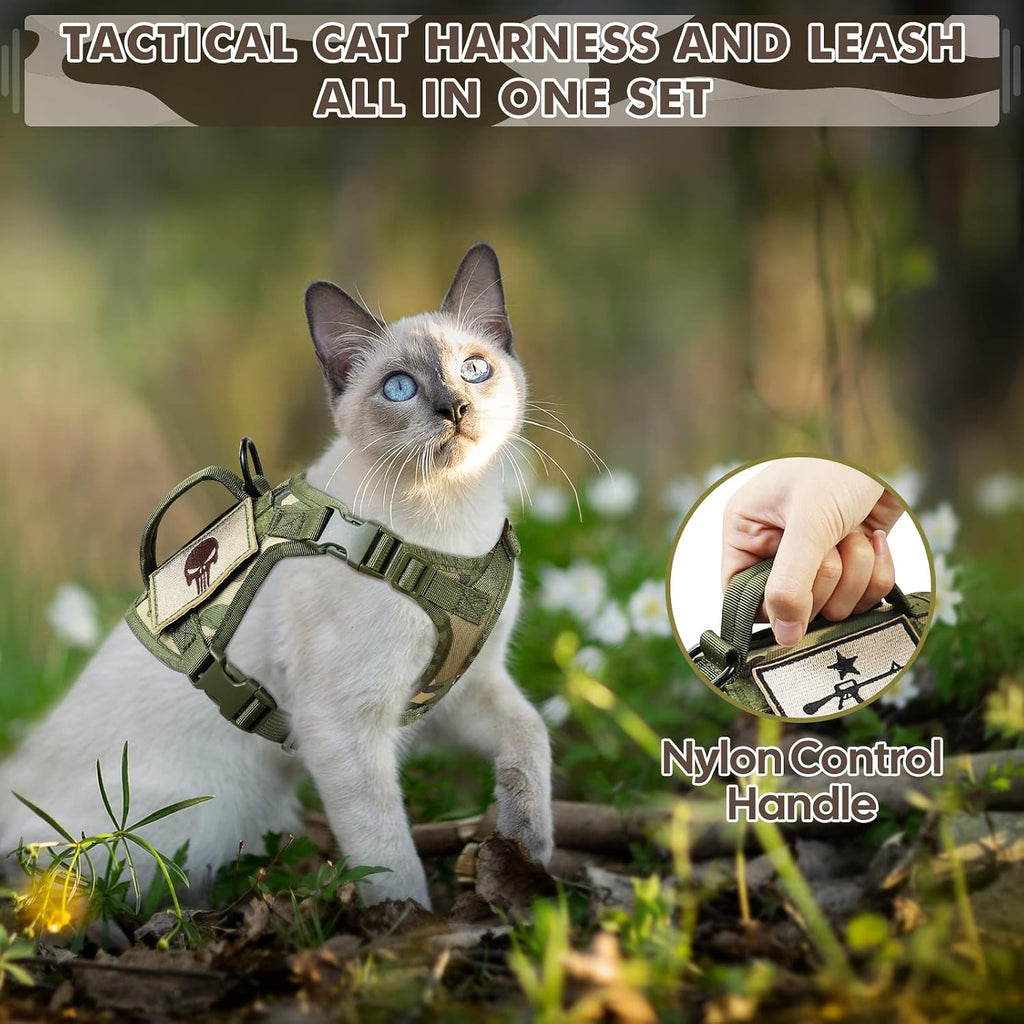 Tactical Cat Harness and Leash, Escape Proof Large Cat Walking Vest,Adjustable Soft Mesh Pet Vest Harness with Control Handle, Molle Patches