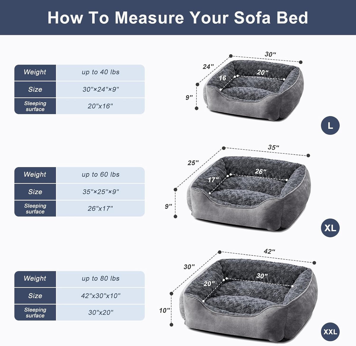JOEJOY Rectangle Dog Bed for Large Medium Small Dogs Machine Washable Sleeping Dog Sofa Bed Non-Slip Bottom Breathable Soft Puppy Bed Durable Orthopedic Calming Pet Cuddler, Multiple Size, Dark Grey