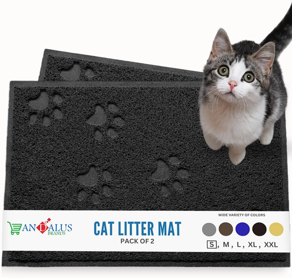Andalus Small Cat Litter Mat, Pack of 2 - Waterproof, Non-Slip & Easy to Clean Cat Litter Box Mat for Extra Efficient Pet Litter-Trapping, Black (15.75” X 11.75”)