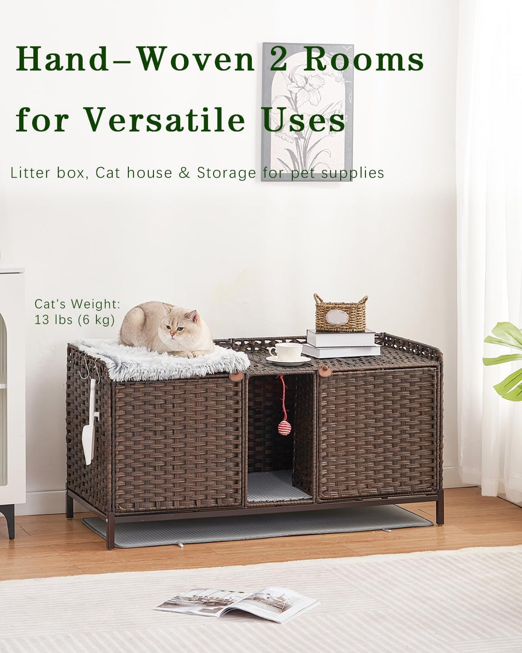 SETVSON Cat Litter Box Enclosure for 2 Cats, Litter Box Furniture, Brown | Beautiful Decorative Furniture Look, Sturdy Iron Frame, 3.2" Heightened Feet, Double Mats, S-Hooks Included, Double Doors