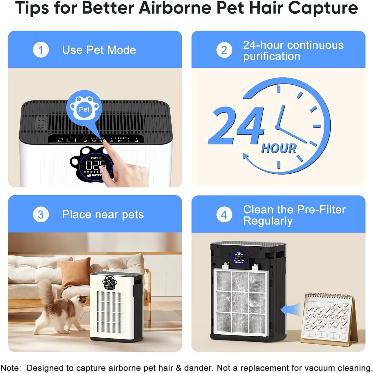 DAYETTE Pet Air Purifier for Home Large Room 3400 Ft², TVOC & PM2.5 Sensors