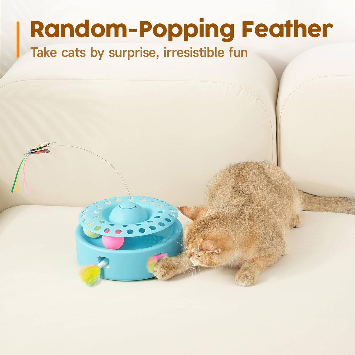 Potaroma Cat Toys 3-in-1 Automatic Interactive Kitten Toy, Fluttering Butterfly, Random Moving Ambush Feather, Track Balls, Dual Power Supplies, USB Powered, Indoor Exercise Cat Kicker (Blue)