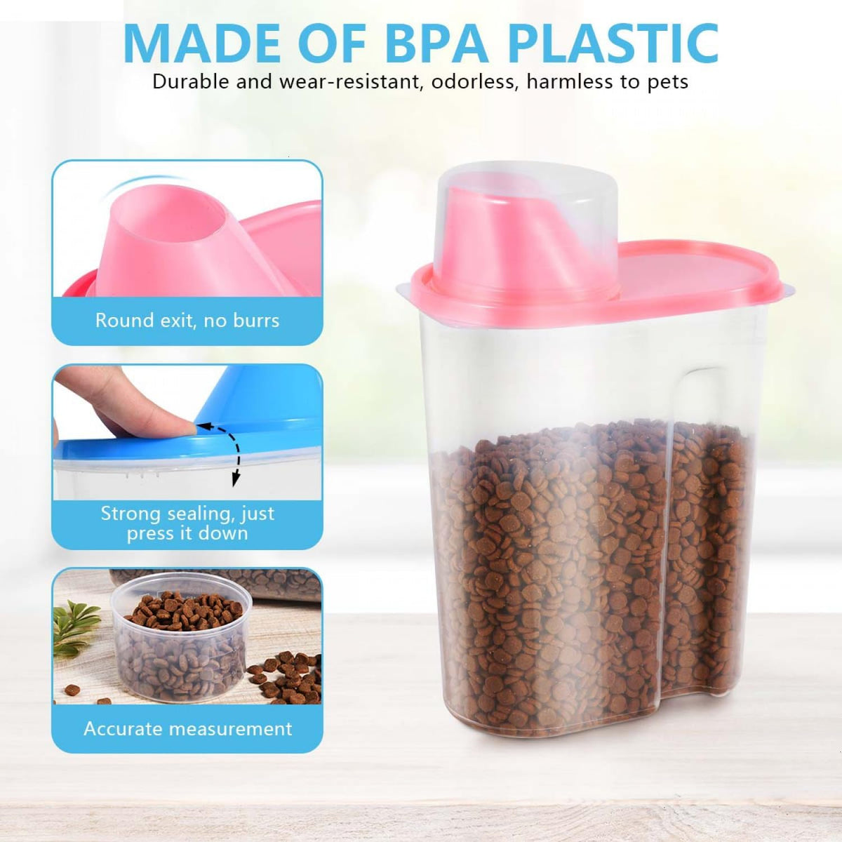SenseYo 3 Pack 2lb 2.5L Pet Food Storage Container with Measuring Cup BPA Free for Small Dog, Cat, Bird (Blue Pink Green)