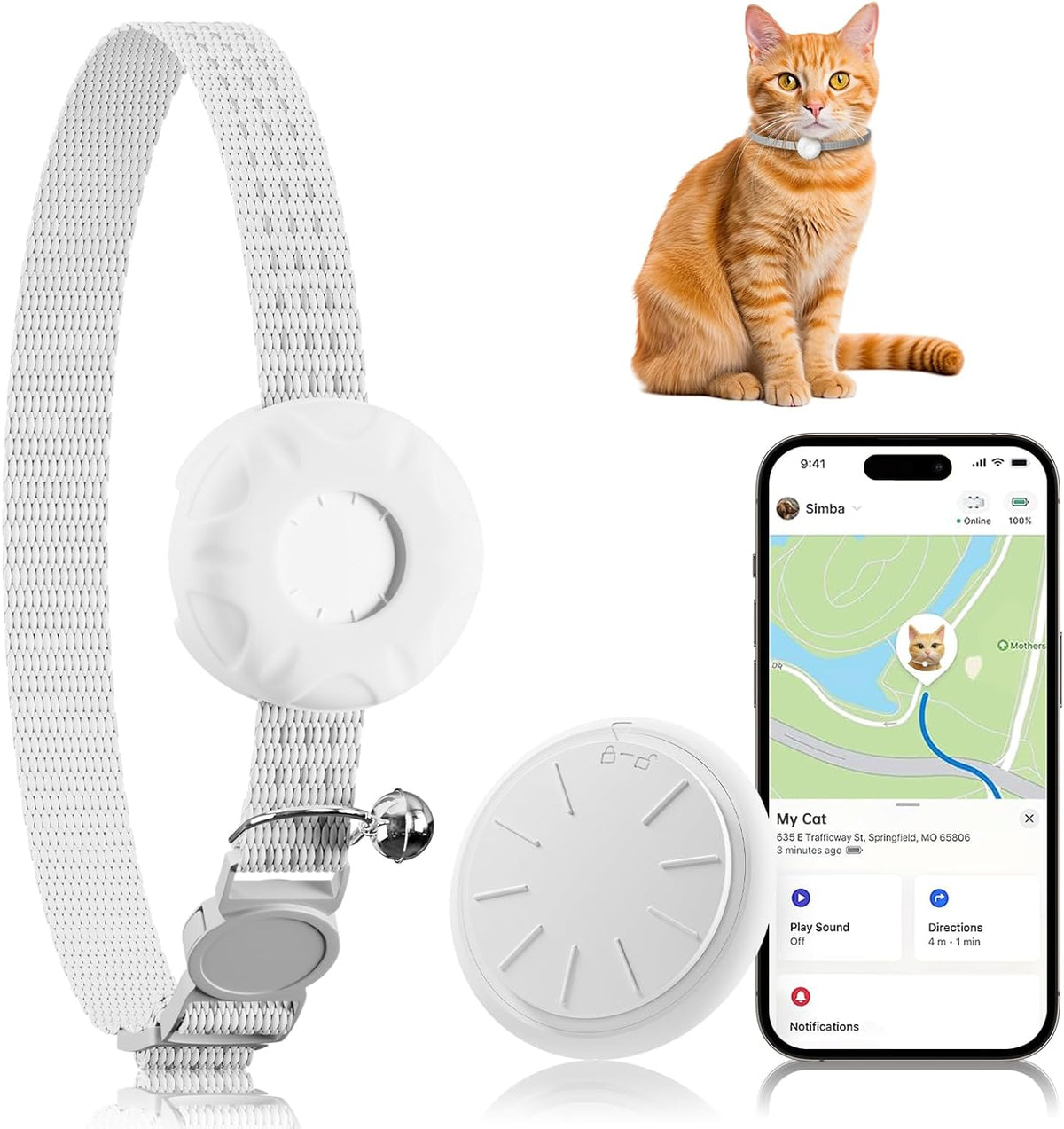 Cat Tracker with Cat Tracker Collar, Mini GPS Tracker, Lightweight Pet Trackers, No Subscription No SIM Card Required, Trackers Finder Tag for Vehicles, Pets, Kids, Longer Battery Life, White