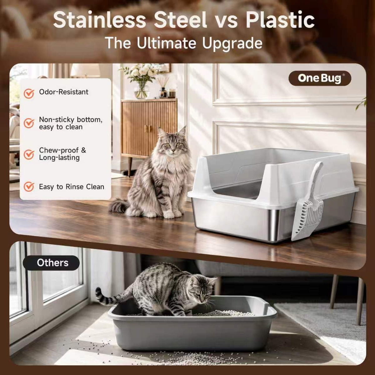 XXL Stainless Steel Cat Litter Box with High Guard Anti-Leak Scoop, Gray