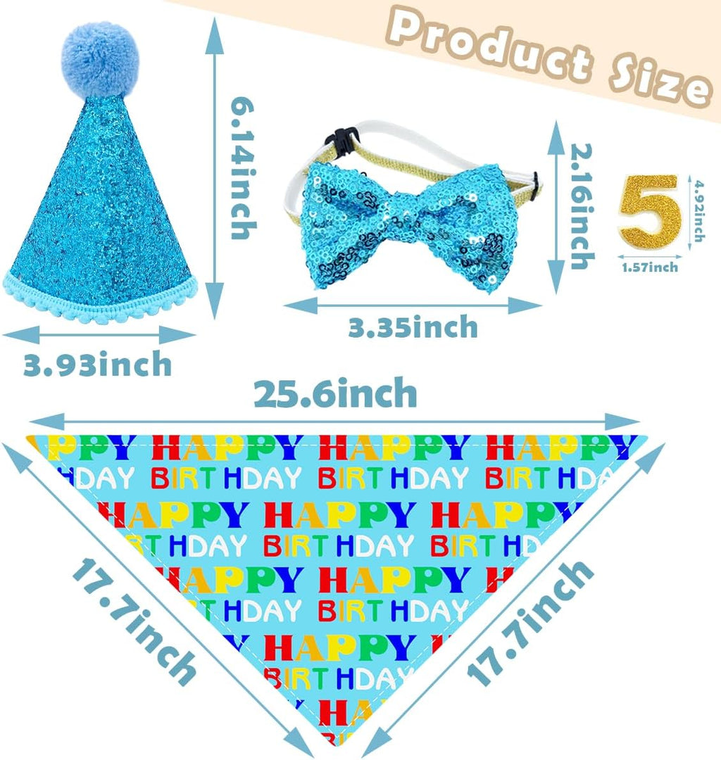 PET SHOW 3Pcs Blue Small Dog Birthday Bandana Set for Boys Female with Puppy Cone Hat and Sequin Bowtie Cat Party Supplies for Dogs Cats Puppies