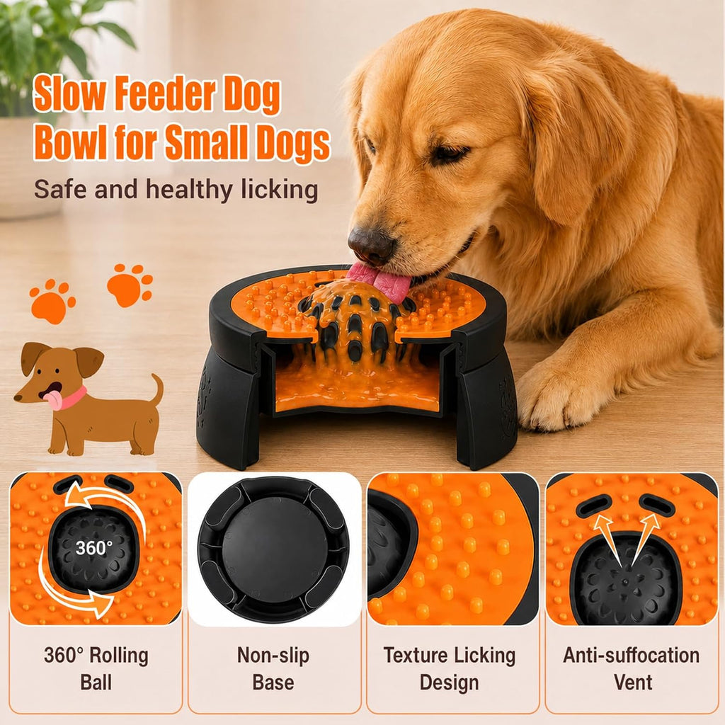 Slow Feeder Dog Lick Bowl with Rolling Ball for Puppy & Small Dogs