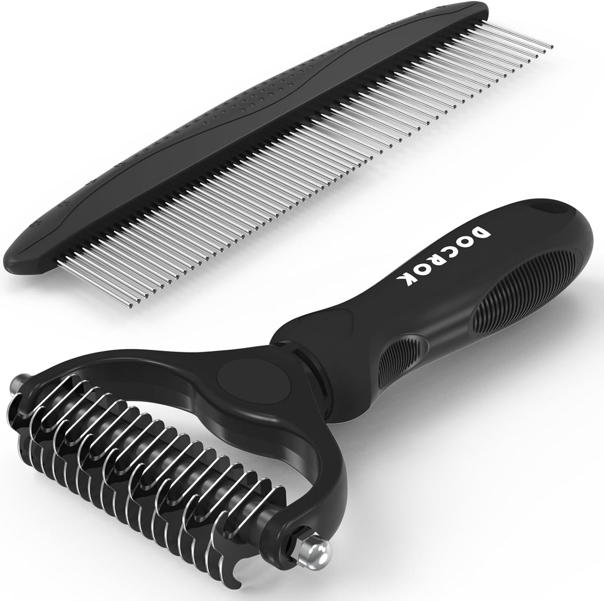 Docrok Pet Grooming Combo: Undercoat Rake, Dematting Deshedding Brush for Long-Haired Dogs and Cats, Black | Dematting Deshedding Undercoat Rake, Cat Brush Dog Brush Shedding Tool for Long Matted Haired Pets