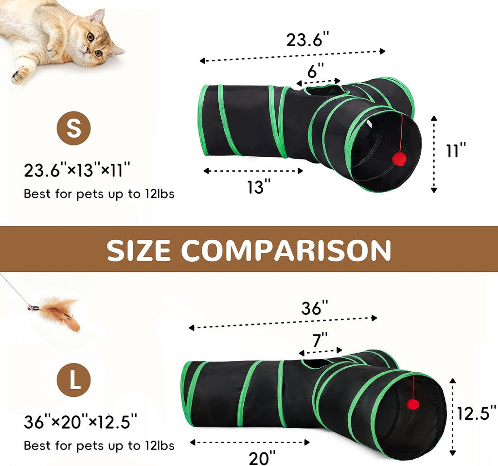 Tempcore Cat Tunnel, 3-Way Collapsible Toy, Large Size Black & Green | Large Size 3-Way Cat Tunnel Provides More Room for Cats to Run, Hide and Chase, with Peek Holes, Hanging Ball and Teaser Wand