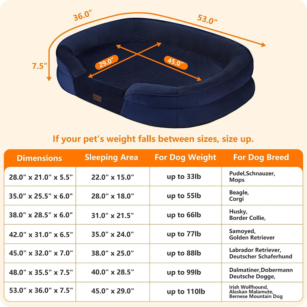 Orthopedic Waterproof XXX-Large Dog Bed Sofa, Gel Memory Foam, 53"