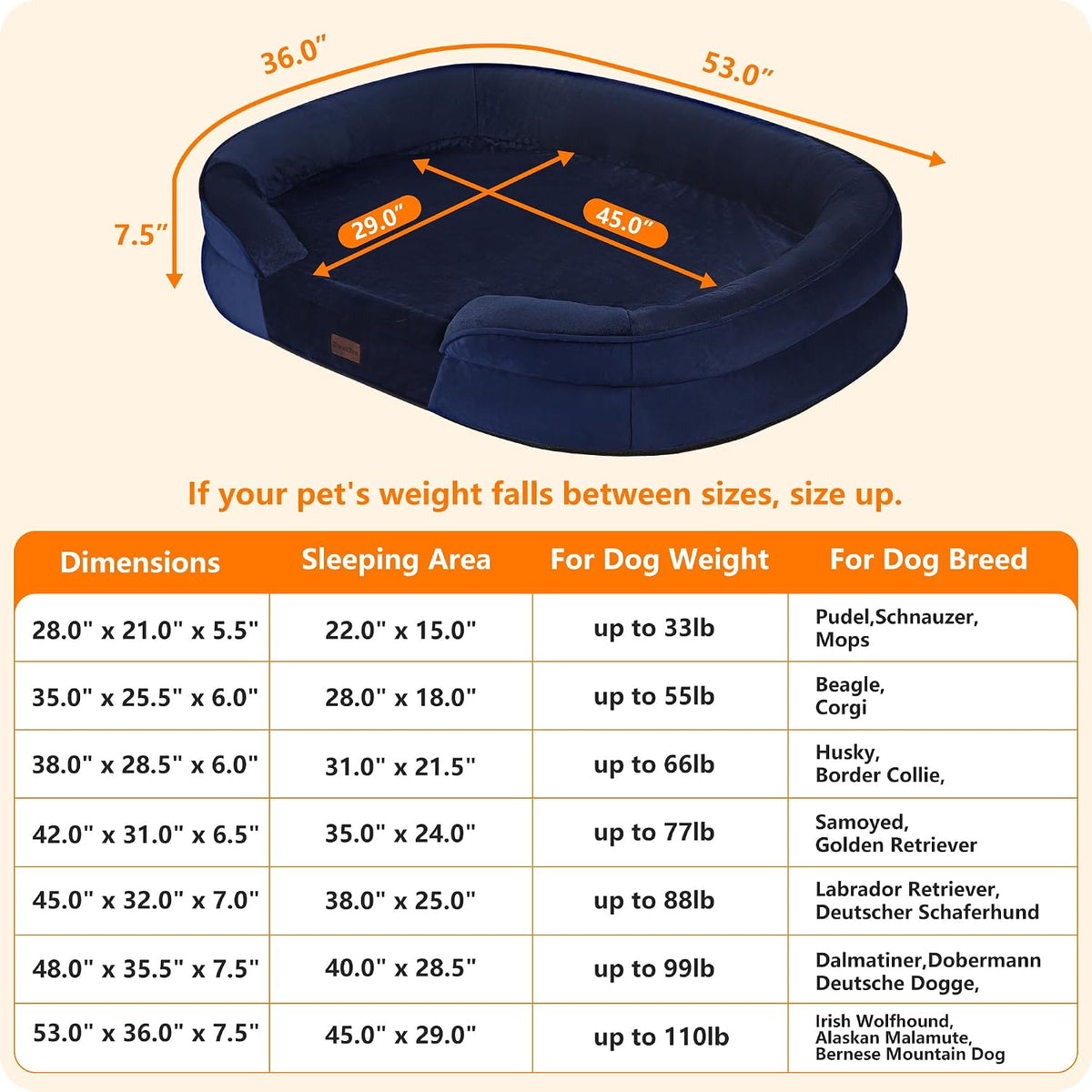 Orthopedic Waterproof XXX-Large Dog Bed Sofa, Gel Memory Foam, 53"