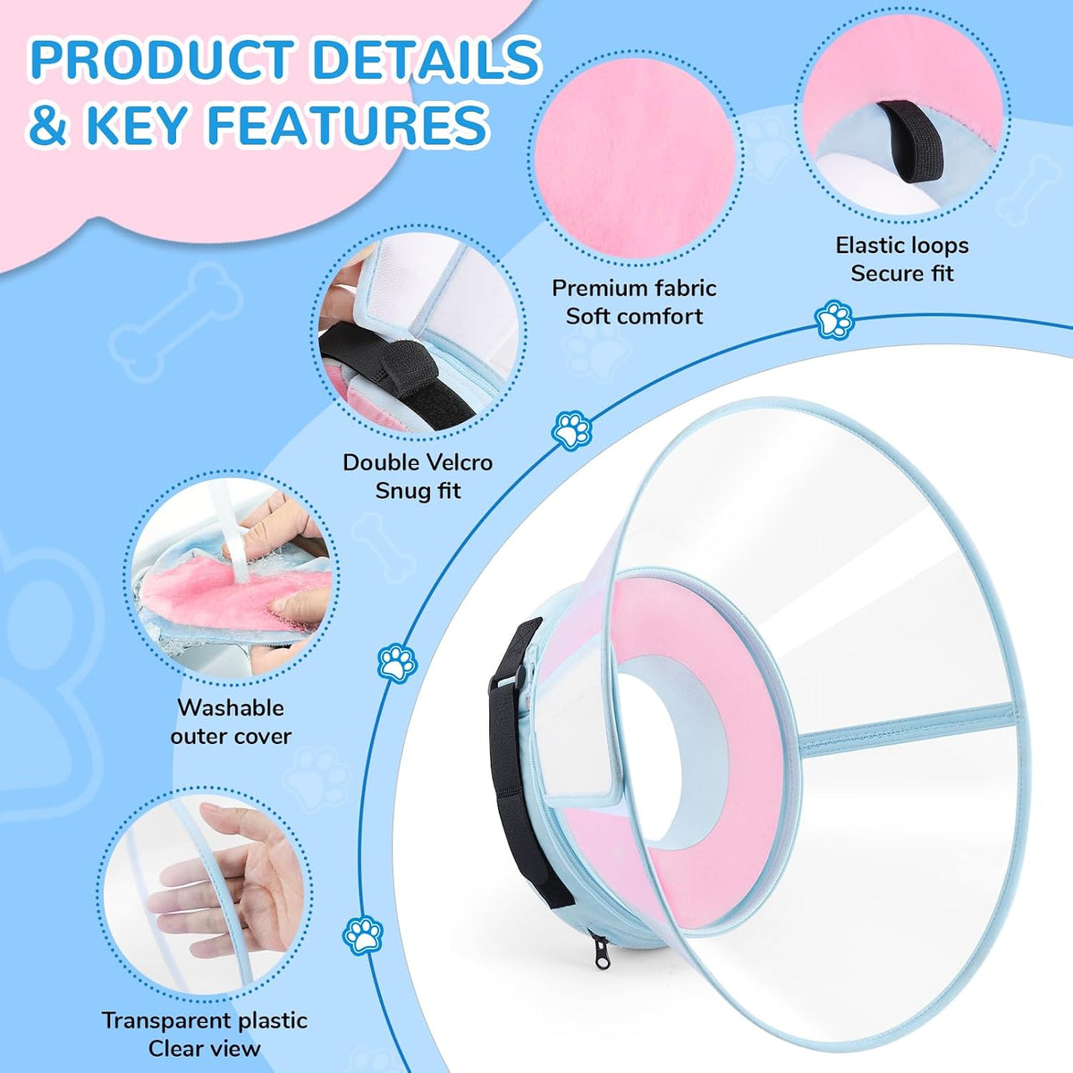 Sponge Core Dog Cone, Inflatable Dog Cone Collar Alternative, Dogs Donut Collar After Surgery, Soft Cone for Large Medium Small Dogs to Stop Licking, No Inflation Required, Clear View(Size 4, Pink)