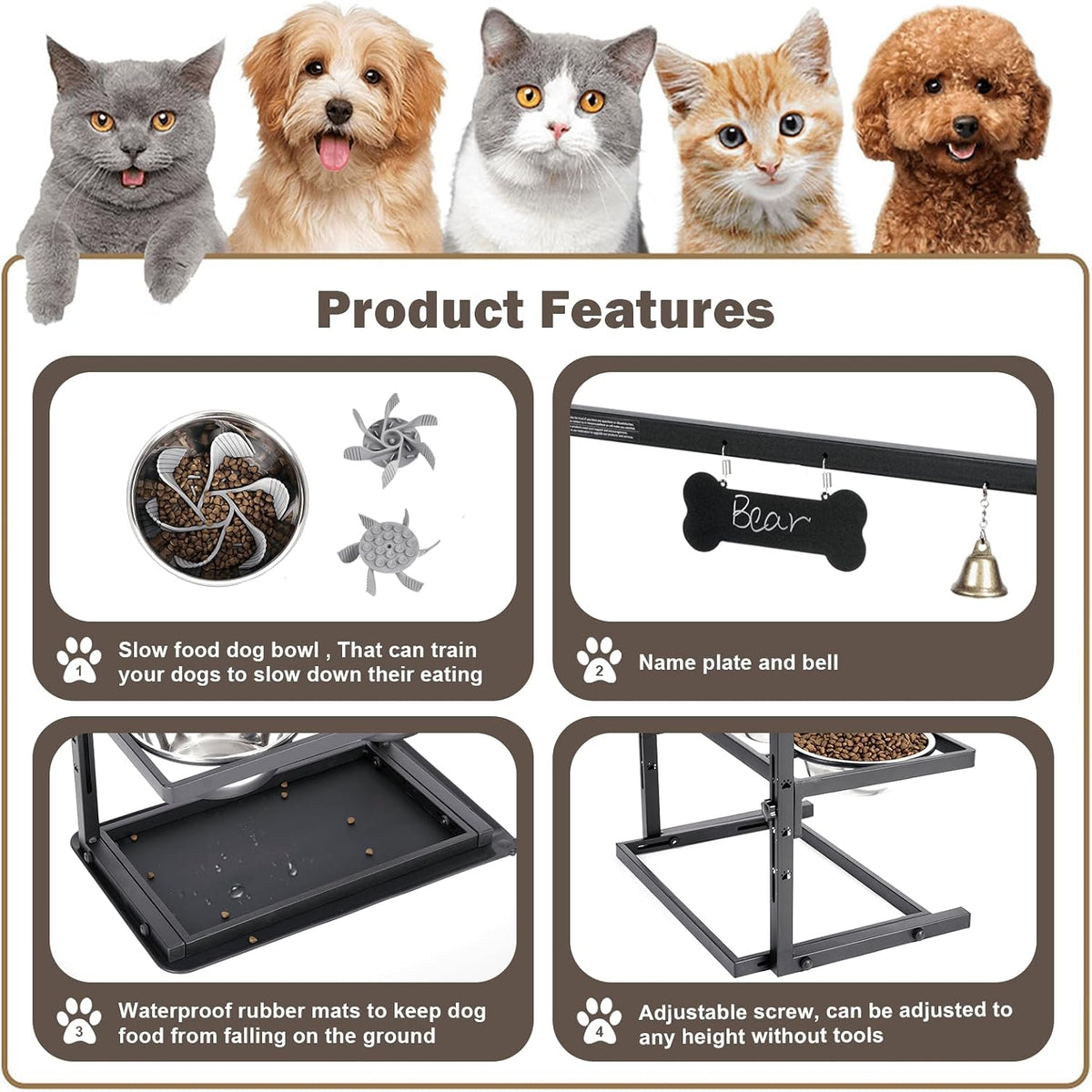SHAINFUN Elevated Dog Bowls - Slow Feeder, Raised Stand with Two 1700ML Stainless Steel Bowls, Spill Proof Mat for Large & Medium Dogs