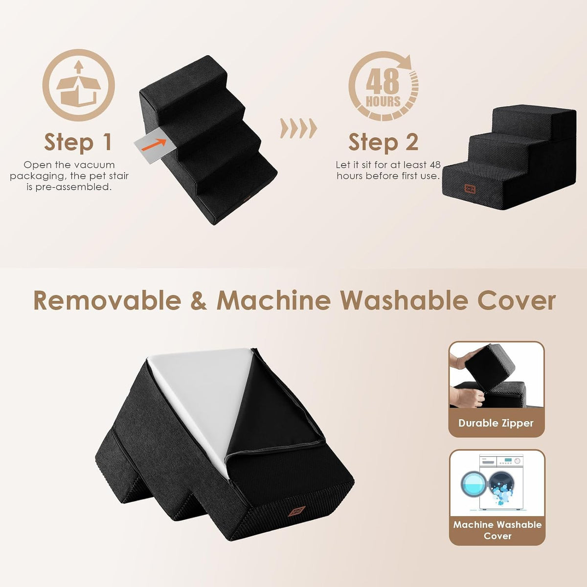 EHEYCIGA Dog Stairs 13.5" H, 3-Step Extra Wide Dog Steps, Black