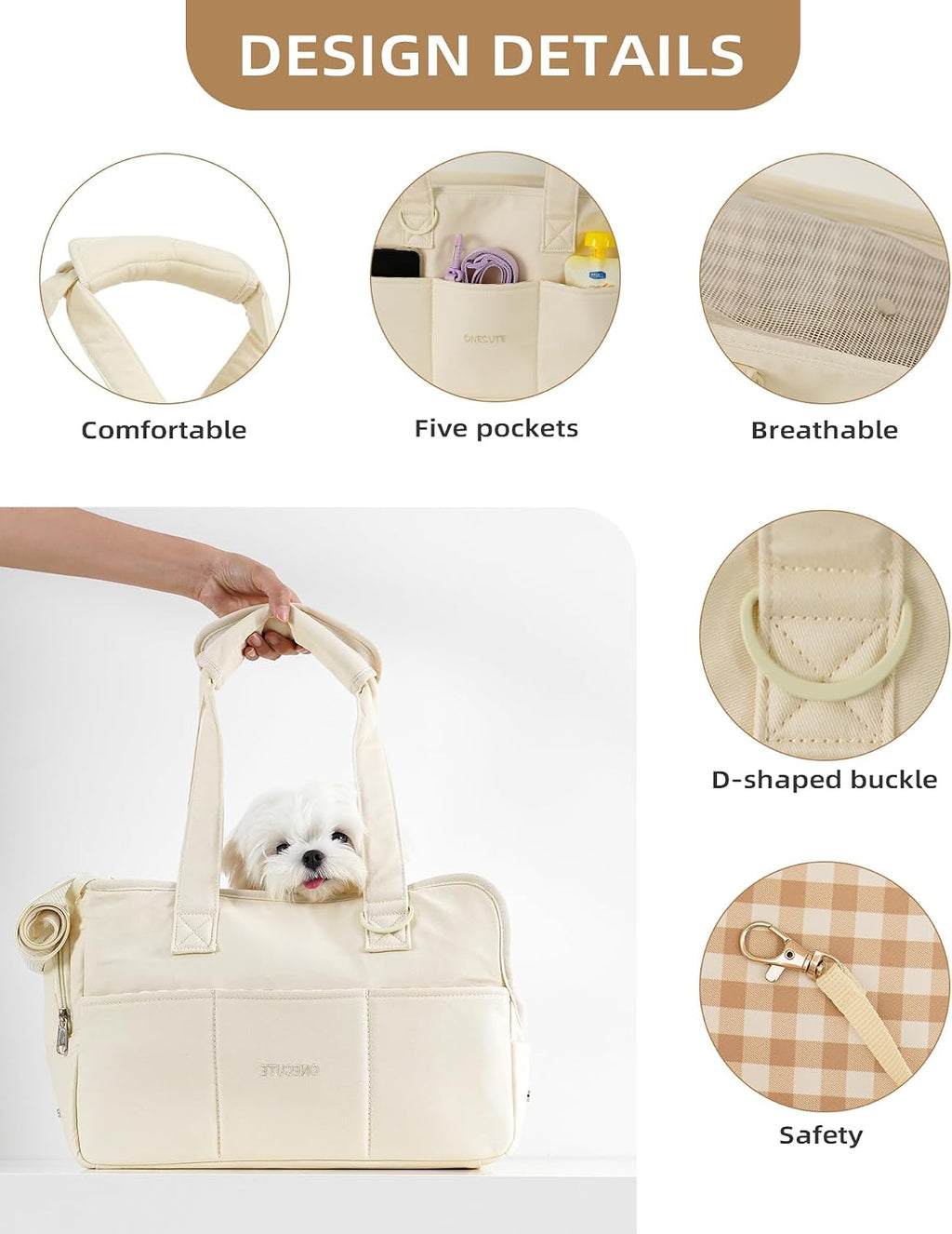 ONECUTE Dog Purse Carrier for Small Dogs Rabbit cat with Large Pockets, Cotton Bag, Dog Carrier Soft Sided, Collapsible Travel Puppy Carrier (Beige, 13.6" L x 6.5" W x 10" H)