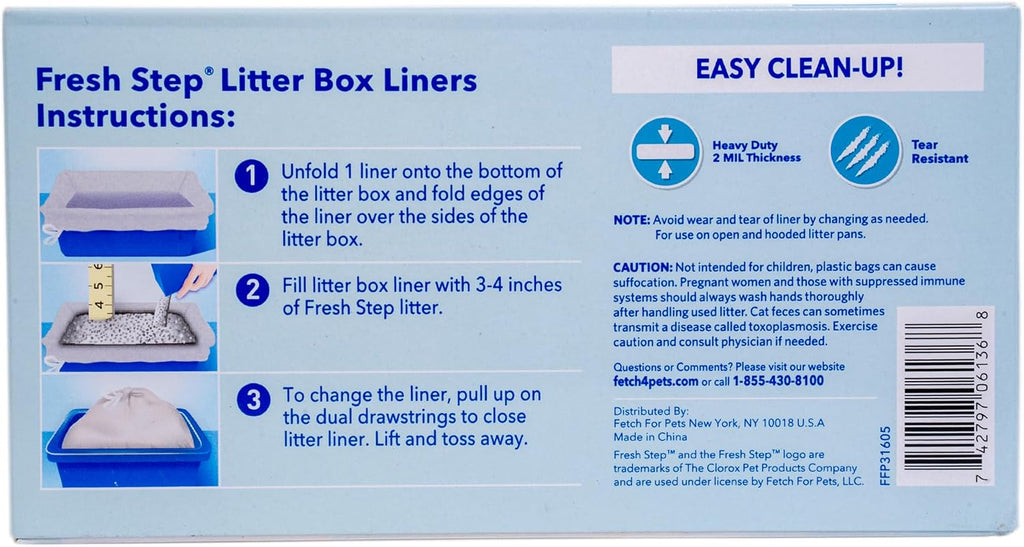 Fresh Step Drawstring Cat Litter Liners, 2.5 ft x 17 in, 15 Ct, 12-Pack | Heavy-duty bags, unscented, drawstring closure, large oval or rectangle pans