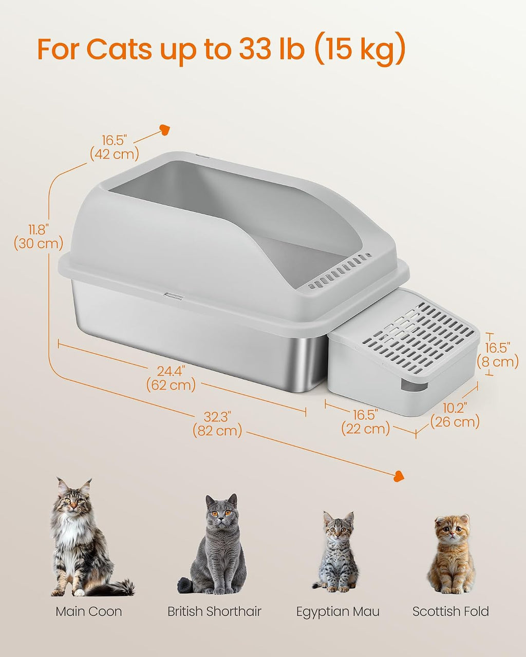 Feandrea 2 Pack Stainless Steel Cat Litter Boxes, for Cats up to 33 lb | High Sided Litter Trays with Open Top, Step, Scoop, Brush, Light Gray, BOXAL Collection UPPT012GD01