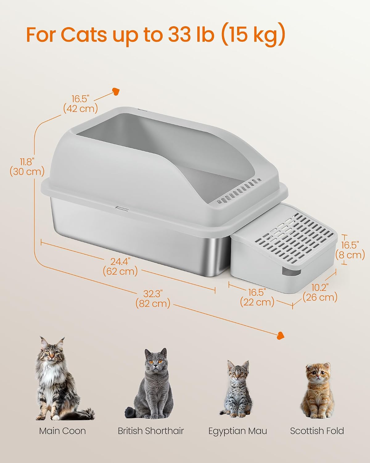 Feandrea 2 Pack Stainless Steel Cat Litter Boxes, for Cats up to 33 lb | High Sided Litter Trays with Open Top, Step, Scoop, Brush, Light Gray, BOXAL Collection UPPT012GD01