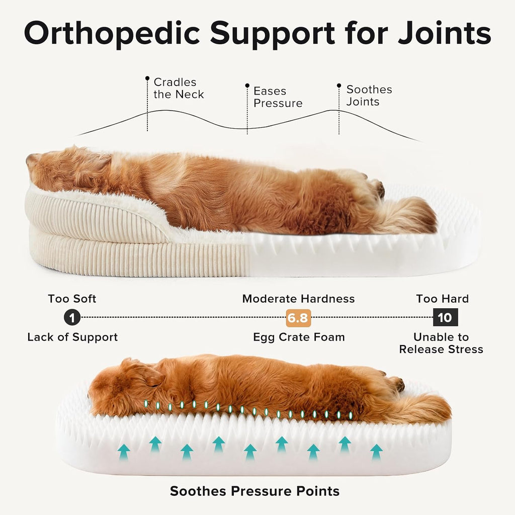 INVENHO Fluffy Orthopedic Dog Beds Large Sized Dog, Jumbo Egg-Crate Foam Bolster Sofa Bed with Washable Removable Waterproof Cover, Fluffy Plush Faux Fur Dog Bed with Non-Skid Bottom