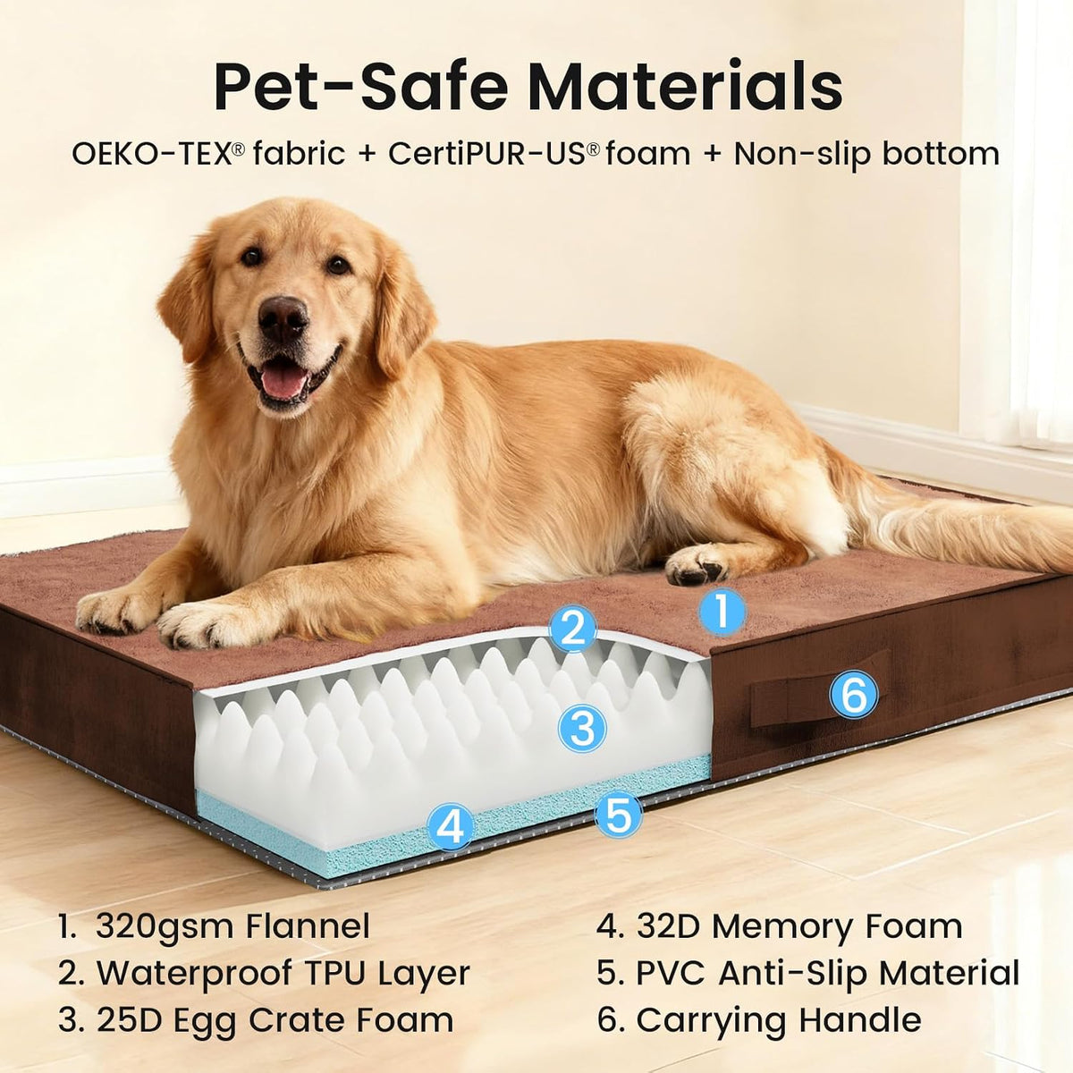 OhGeni Orthopedic Large Dog Bed, Reversible Memory Foam, 41 inch-XL(Brown)