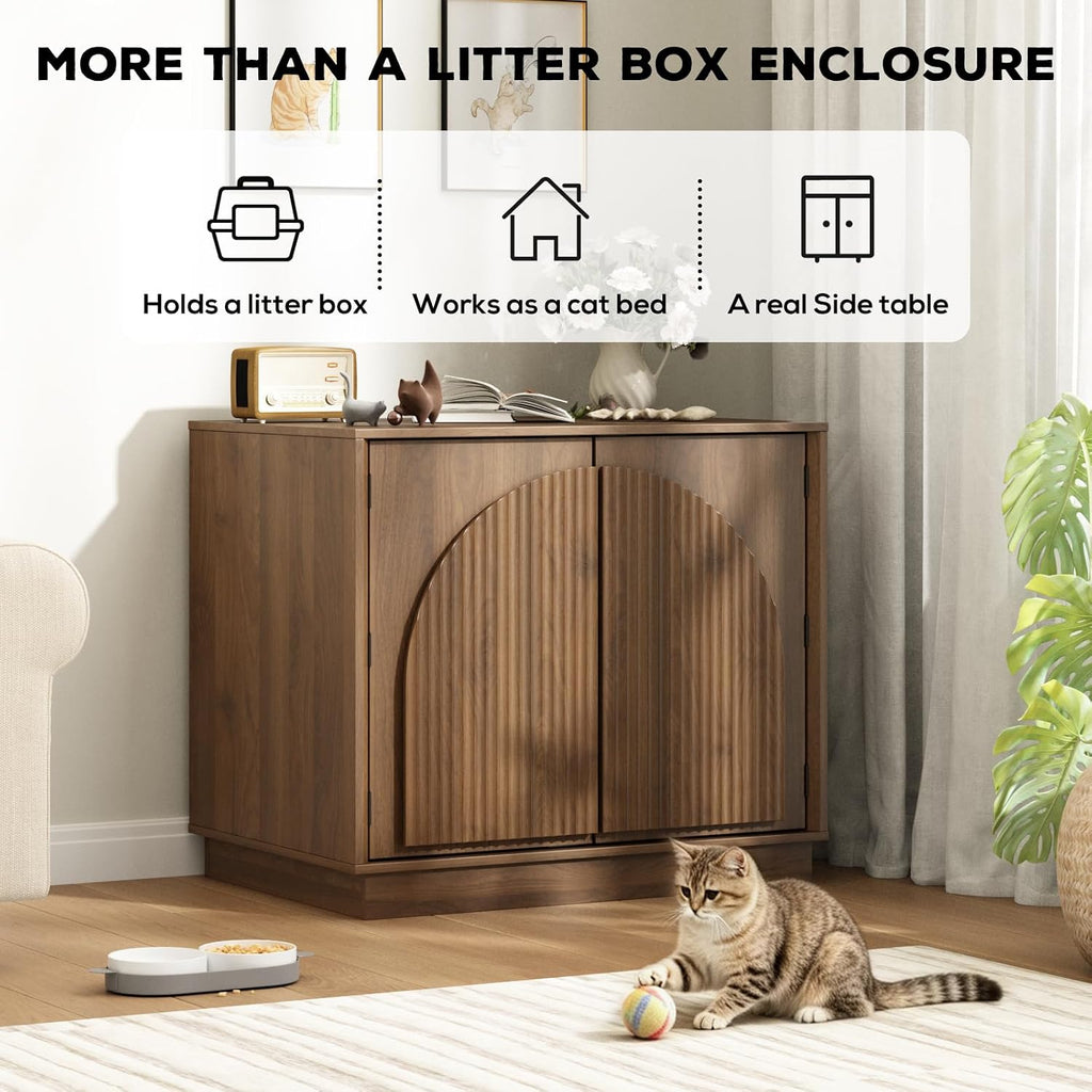 Cat Litter Box Enclosure, Modern Fluted Hidden Litter Box Furniture | 24.4" Tall Fits Most Litter Trays, Arched Fluted Door, Beveled Sides, 2.4" Reinforced Base, Rear Ventilation, Easy Assembly