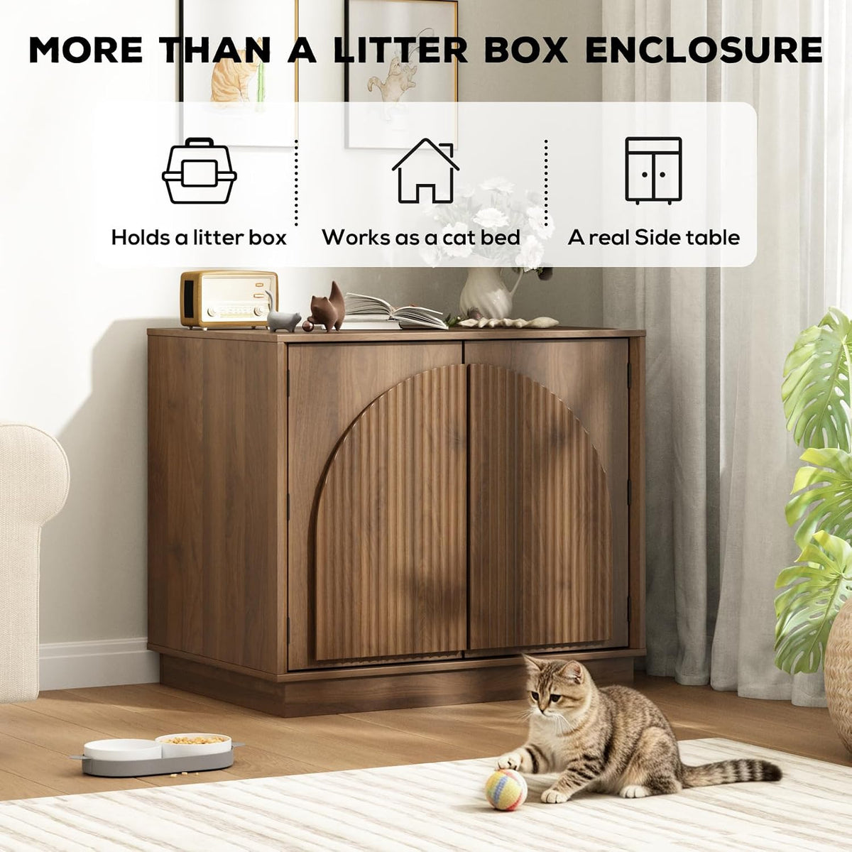 Cat Litter Box Enclosure, Modern Fluted Hidden Litter Box Furniture | 24.4" Tall Fits Most Litter Trays, Arched Fluted Door, Beveled Sides, 2.4" Reinforced Base, Rear Ventilation, Easy Assembly