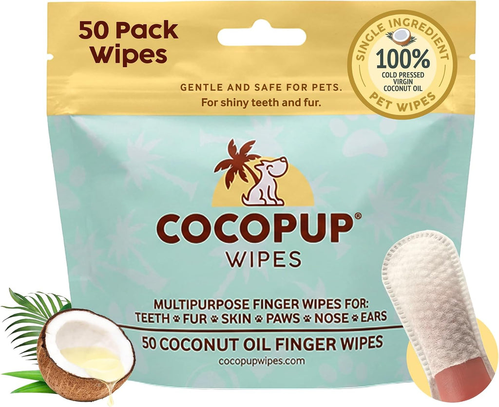 Cocopup Dog & Cat Dental Wipes, Coconut Oil Finger Toothbrush Cleaner | Coconut oil-infused finger wipes for dogs and cats; helps clean teeth, freshen breath, and wipe ears, nose, paws, and fur.
