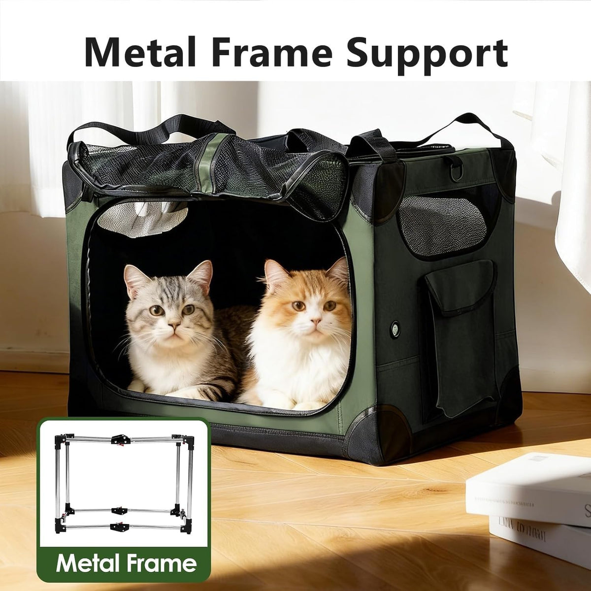 Large Cat Carrier for 2 Cats, 24x17x17 in, Metal Frame, Green