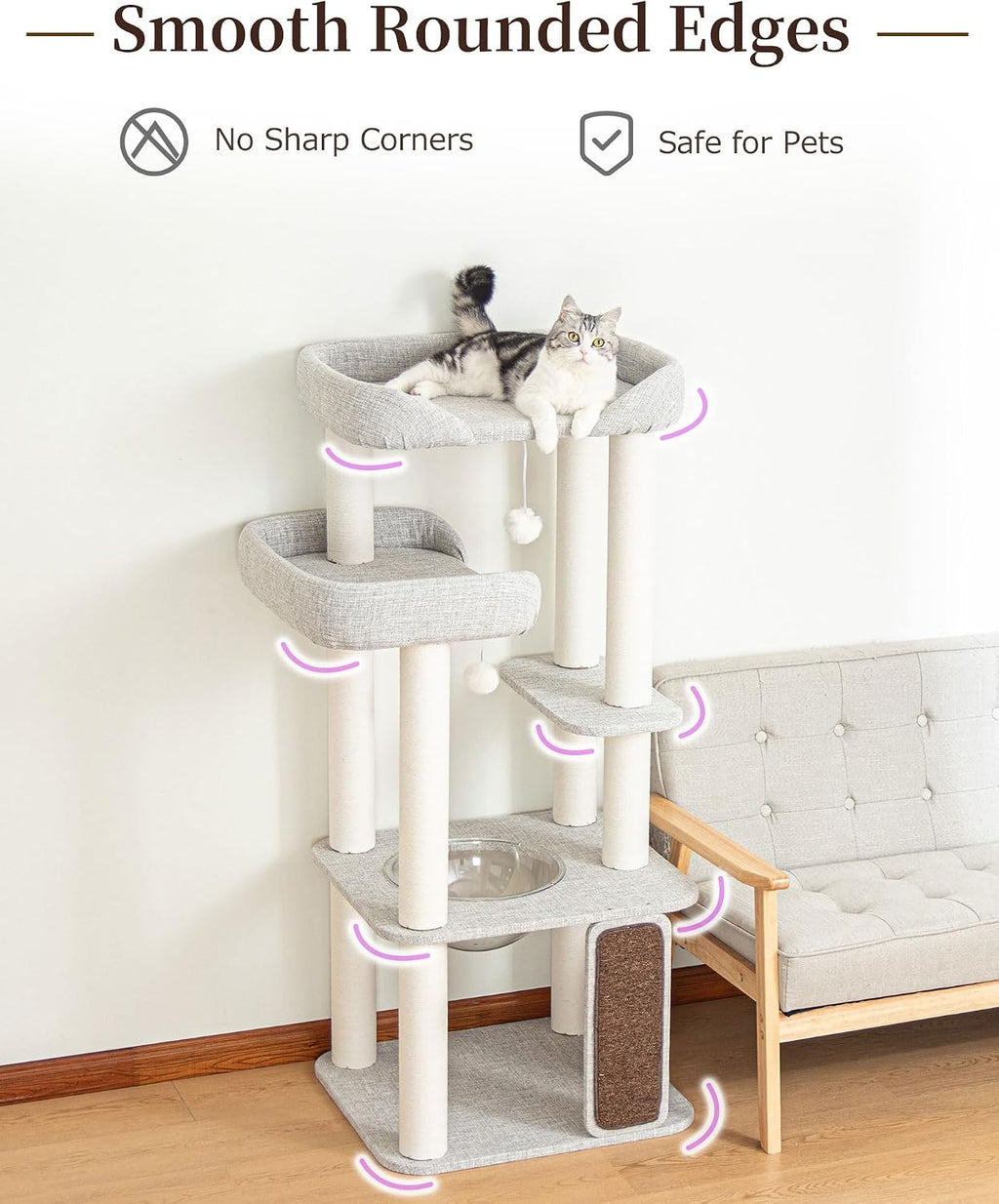 53" Cat Tree Tower for Large Cats, Large Perch & Sisal Board