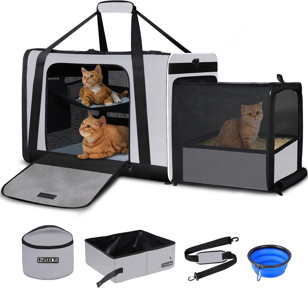 Petskd Side Expandable Extra Large Cat Carrier with Litter Box, Grey