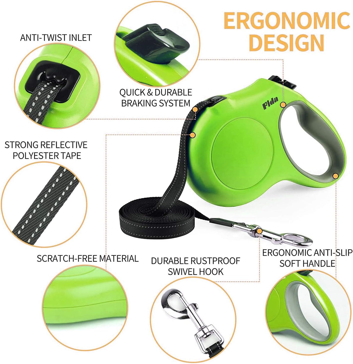 Fida Retractable Dog Leash with Dispenser and Poop Bags, 16 ft, Green