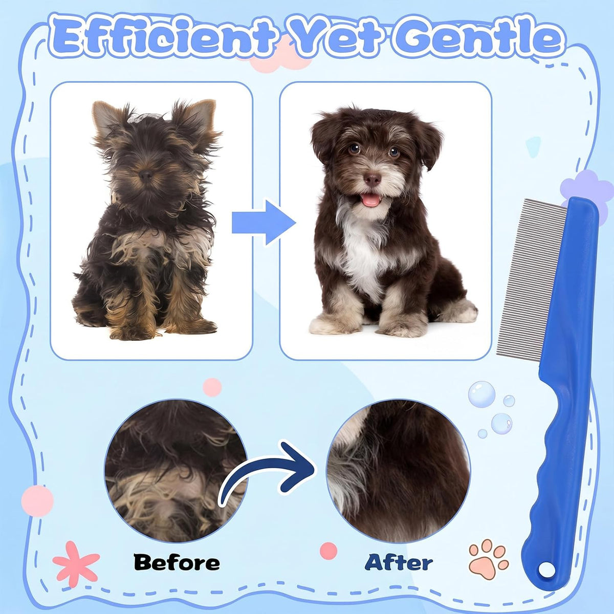 24 Pcs Flea Comb for Cats and Dogs, Stainless Steel Metal Teeth Detangling Grooming Tool, 12 Large 12 Small, White Pink Blue, 2 Sizes