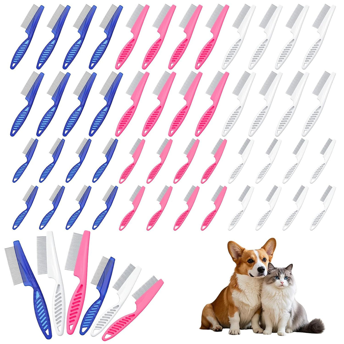 48 Pcs Dog Flea Comb Set for Dogs and Cats, Flea Combs for Cats with Stainless Steel Teeth, 2 Sizes in Pink, Blue, White, Grooming Tool for Pet Hair Detangling