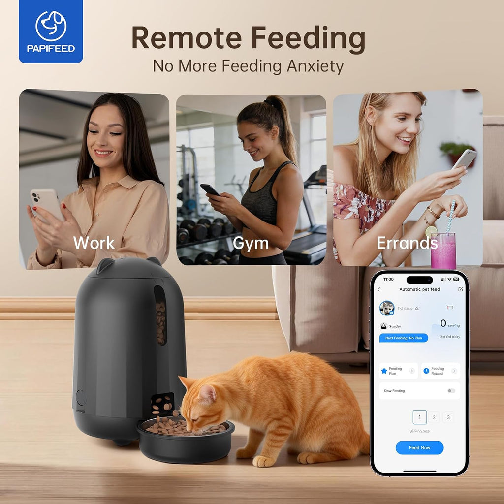 PAPIFEED Automatic Cat Feeder with App, WiFi Auto Cat Feeder, 3L Slow-Feed Cat Food Dispenser for Dry Food, Dual Power Supply Timed Pet Feeder for Small Dog, 10 Meals/Day, 6 Portions/Meal, Black